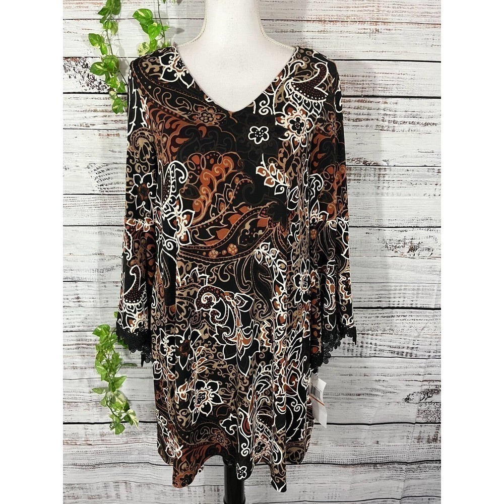 Nina Leonard Tunic Dress sz Small Black Brown Paisley Lace Boho Wedding Dinner